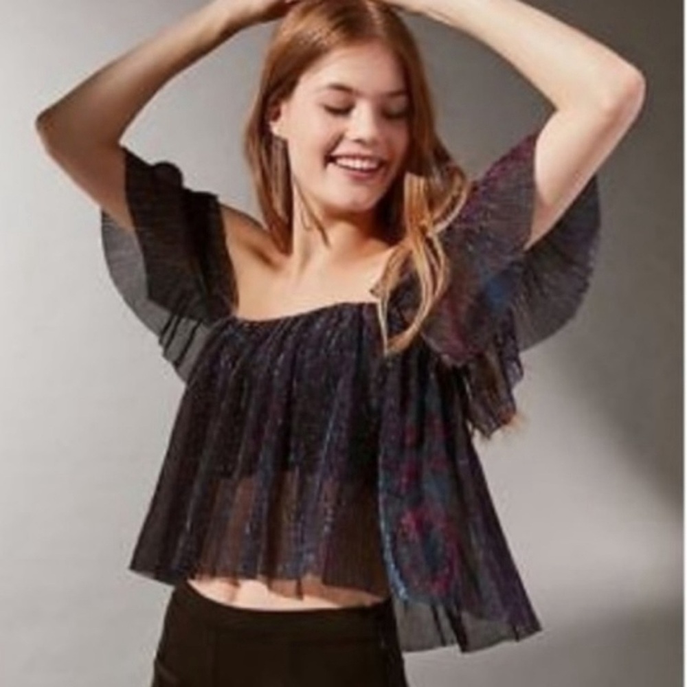 URBAN OUTFITTERS Sheer Metallic Off the Shoulder Disco Shimmer Crop Top Sz Small